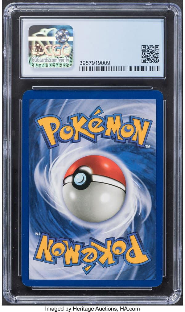 The back face of the no-set-symbol misprinted copy of Vaporeon from the Jungle expansion of the Pokémon TCG. Currently available at auction on Heritage Auctions' website.