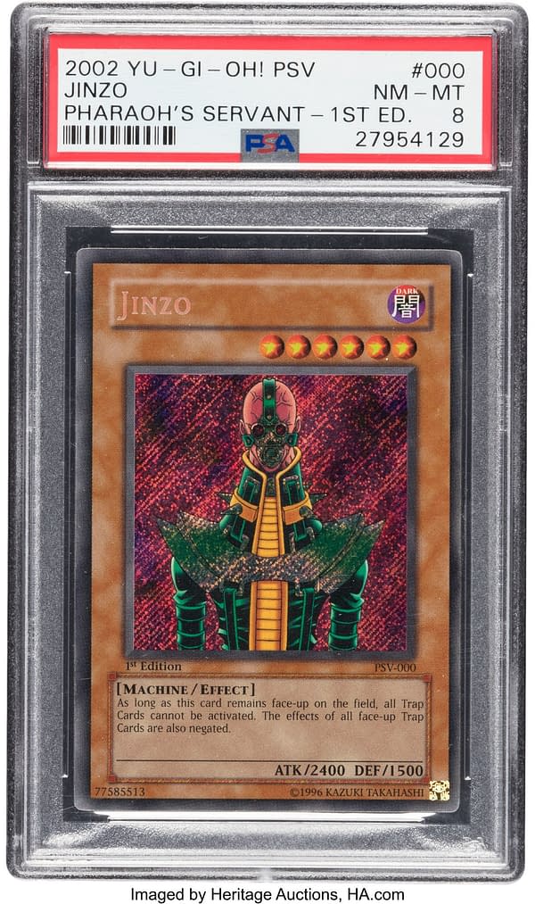 The front face of the graded, 1st Edition copy of Jinzo from Pharaoh's Servant, an expansion set from the Yu-Gi-Oh! card game. Currently available at auction on Heritage Auctions' website.