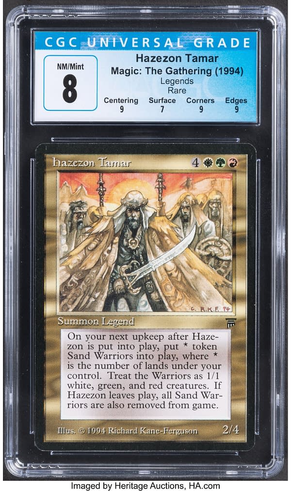 The front face of Hazezon Tamar, a legendary creature card from Legends, an expansion set for Magic: The Gathering from 1994. Currently available at auction on Heritage Auctions' website.