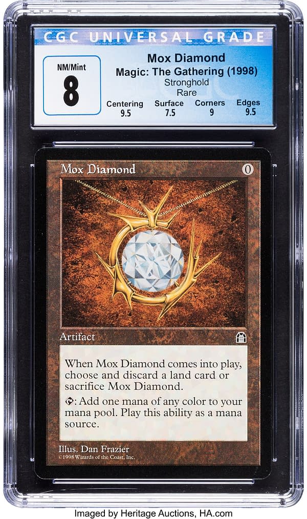The front face of the graded copy of Mox Diamond, a card from Stronghold, an older expansion set for Magic: The Gathering. Currently available at auction on Heritage Auctions' website.