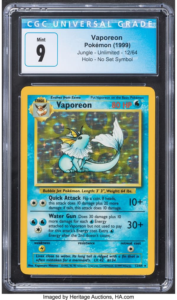 The front face of the no-set-symbol misprinted copy of Vaporeon from the Jungle expansion of the Pokémon TCG. Currently available at auction on Heritage Auctions' website.