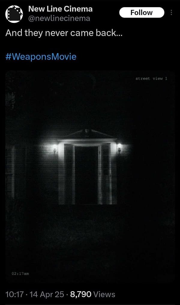 A dark and atmospheric screenshot showcasing a dimly lit house entrance with two illuminated wall sconces and a visible doorway, suggesting a suspenseful or eerie mood. This image is associated with a promotion for the film "Weapons."
