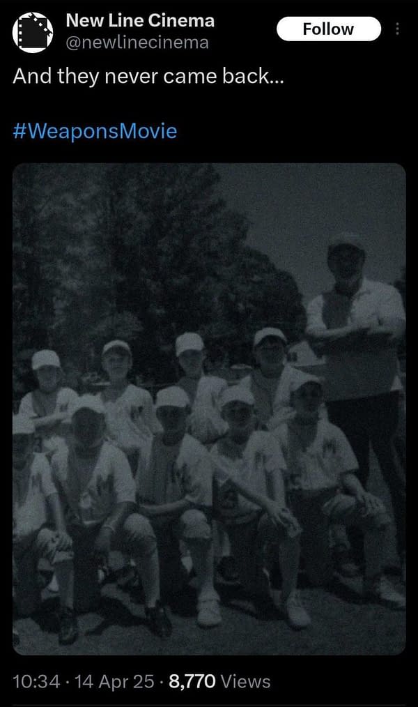 A black-and-white photograph of a group of young baseball players posing on a field, wearing matching uniforms and baseball caps, captured for a post related to the film 'Weapons'. The image conveys a nostalgic team spirit.