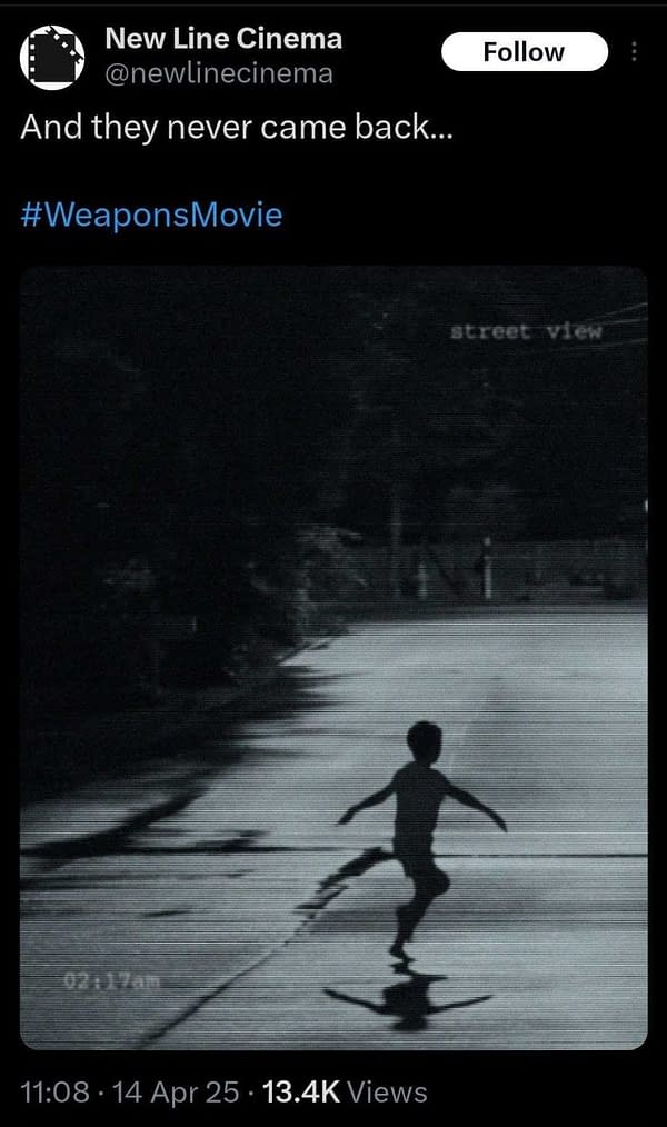 A black-and-white screenshot featuring a child running down a deserted street, with a slight reflection visible on the ground. The image has a grainy, vintage effect, and includes text that indicates a street view.