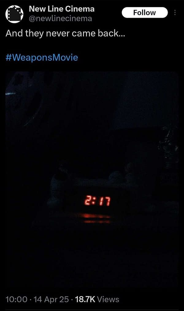 A dark screenshot shows a digital clock displaying the time 2:17 AM, with faint light reflecting off a surface. The context relates to the film 'Weapons.'