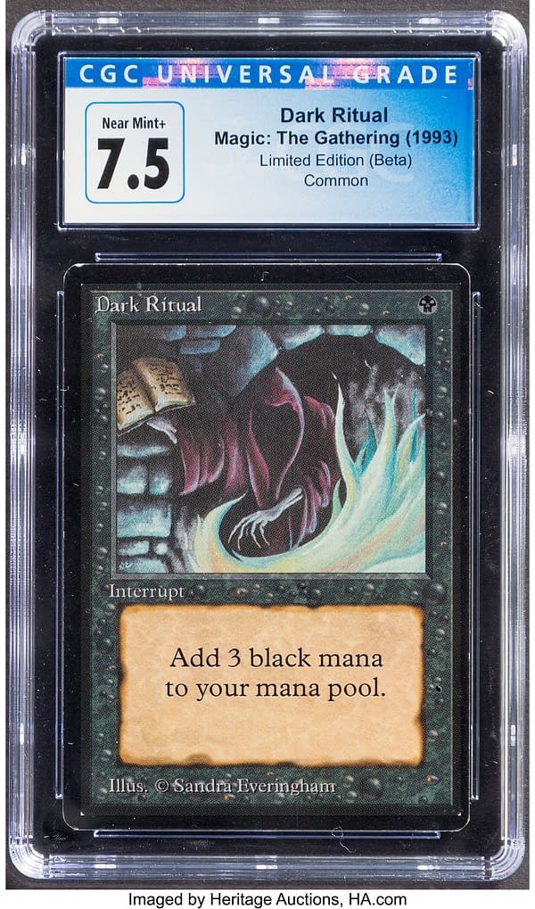 The front face of the graded copy of Dark Ritual, a card from Limited Edition Beta, an older core set for Magic: The Gathering. Currently available at auction on Heritage Auctions' website.