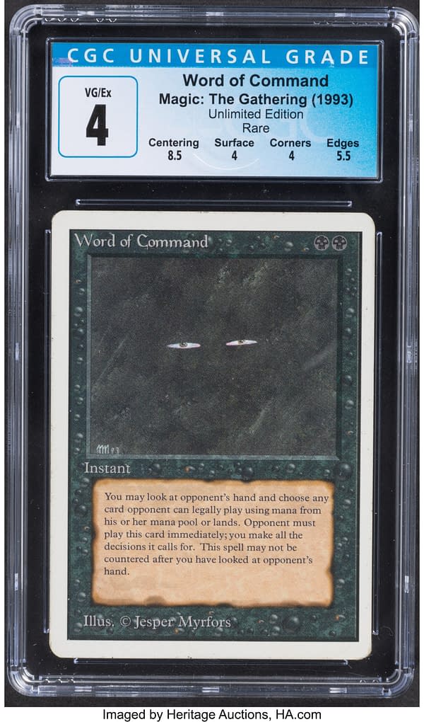 The front face of Word of Command, a powerful and valuable sorcery card from the Unlimited Edition set of Magic: The Gathering. Currently available at auction on Heritage Auctions' website.