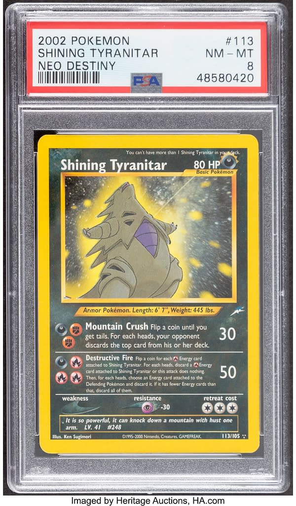 The front face of Shining Tyranitar, a secret-rare card from Neo Destiny, an expansion set for the Pokémon TCG. Currently available at auction on Heritage Auctions' website.