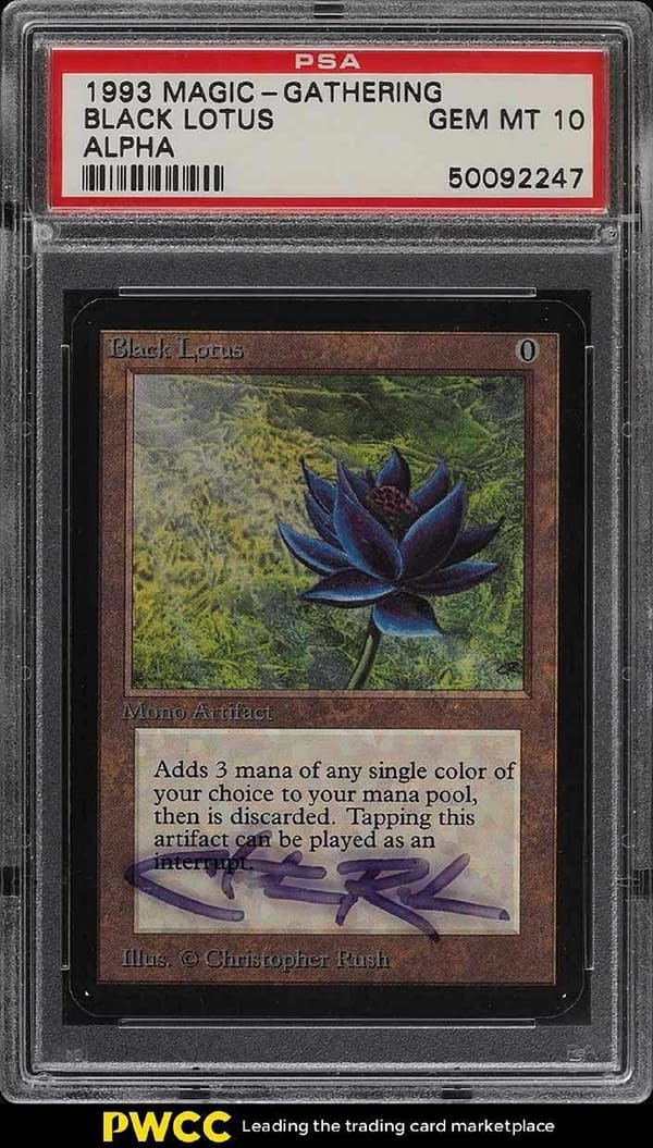 The front face of the gem mint-graded Alpha Black Lotus finalized on eBay. Note the case, which has been signed by acclaimed Magic: The Gathering artist Christopher Rush.