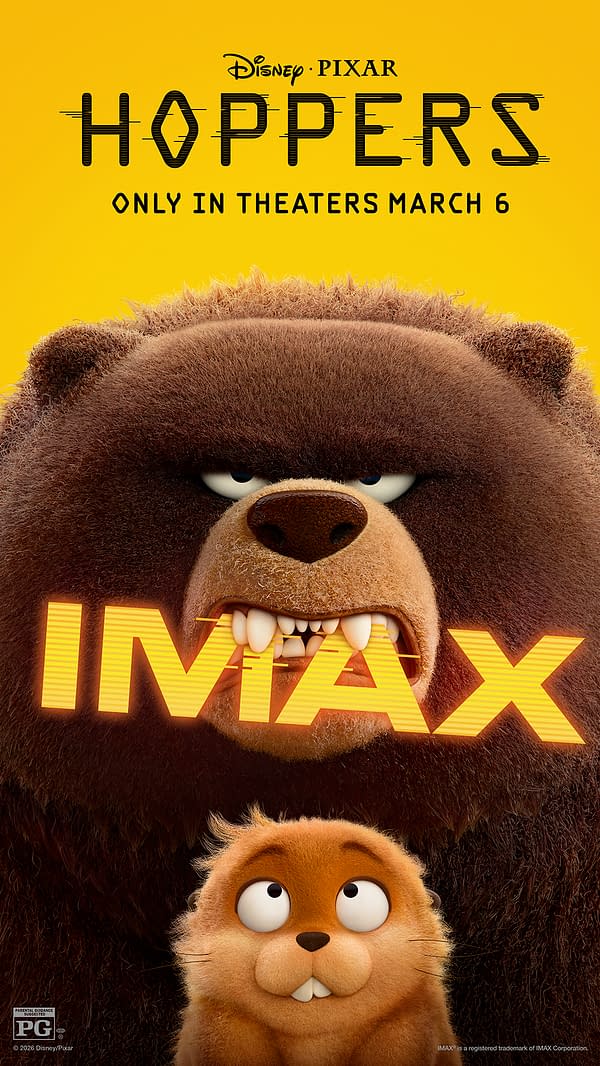 A vibrant poster for the animated film 'Hoppers' by Disney Pixar, featuring a large, grumpy bear and a cute, curious small animal, set against a bright yellow background. The word 'IMAX' is prominently displayed in bold, yellow letters, indicating the film's premium viewing experience.