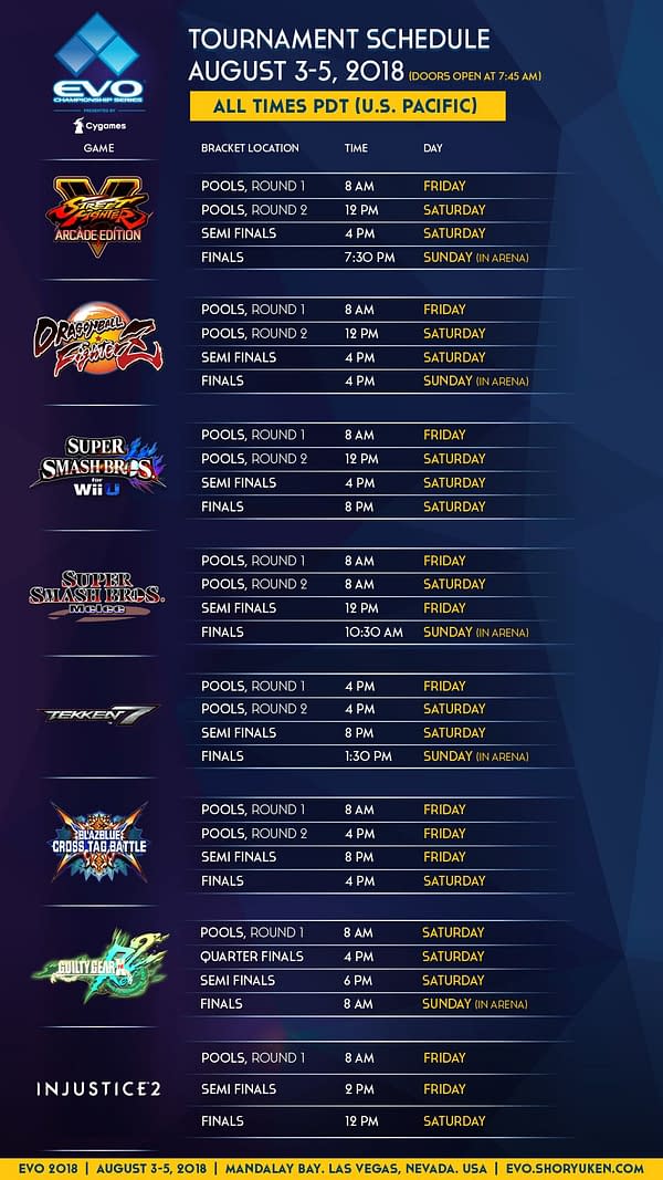 EVO 2018 Announces Complete Schedule for Games, Streams, and Commentators