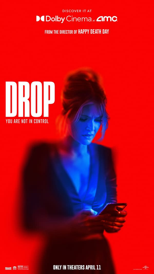A promotional poster for the film 'DROP,' featuring a woman with a focused expression looking down at her phone, set against a dramatic red and blue background. The text highlights that it's presented by Dolby Cinema and mentions the film's release date.