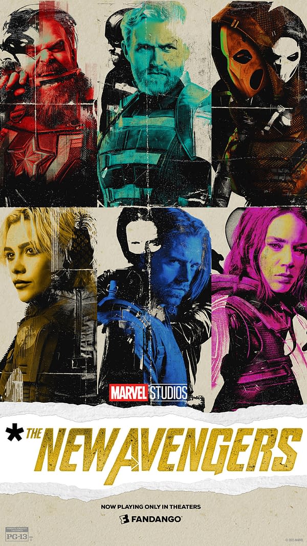 A poster for 'The New Avengers' featuring a collage of characters in vibrant colors, displaying a rugged aesthetic. The film is produced by Marvel Studios and includes various heroes and anti-heroes prominently featured.