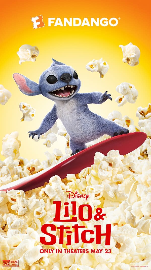 A colorful poster for the Disney movie 'Lilo & Stitch,' featuring Stitch joyfully surfing on a red board amidst flying popcorn. The Fandango logo is displayed at the top, and the release date is noted for May 23.