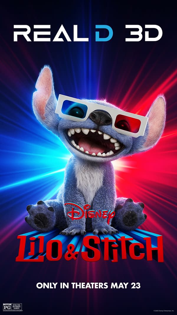 A colorful poster for Disney's 'Lilo & Stitch' featuring a joyful blue alien character wearing 3D glasses, set against a vibrant background of blue and red streaks, with text indicating it's in Real D 3D and will be in theaters on May 23.