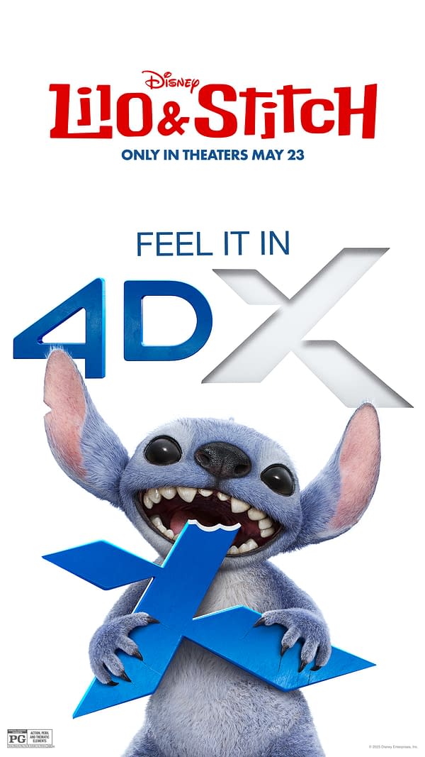 A promotional poster for Disney's 'Lilo & Stitch,' featuring the character Stitch joyfully holding a blue '4DX' graphic. The poster announces that the movie will be in theaters on May 23.