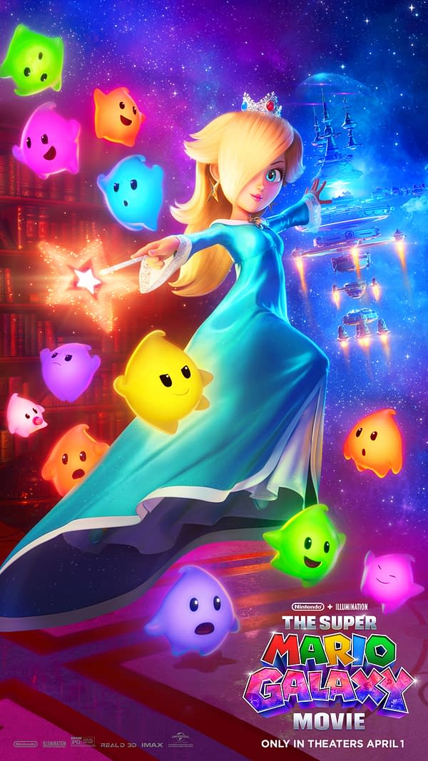 An illustration featuring a blonde princess in a blue dress, surrounded by colorful, smiling ghost-like characters called Lumas. The backdrop displays a cosmic scene with a starry sky and spacecraft, promoting 'The Super Mario Galaxy Movie'.