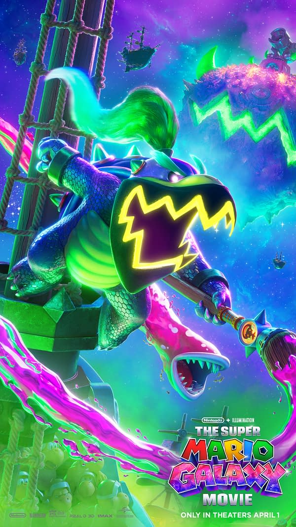 A colorful illustration featuring Bowser Jr. in a menacing pose, wielding a weapon, with vibrant cosmic elements in the background including floating ships and swirling colors, tied to 'The Super Mario Galaxy Movie'.