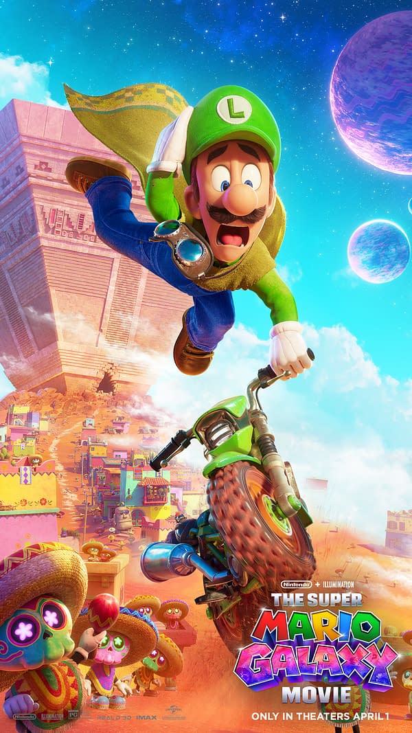 A cartoon illustration of Luigi, wearing his signature green cap and overalls, leaping off a bright green motorcycle in an animated landscape filled with colorful buildings and whimsical elements. The scene is vibrant and includes playful characters watching in the background, promoting 'The Super Mario Galaxy Movie'.