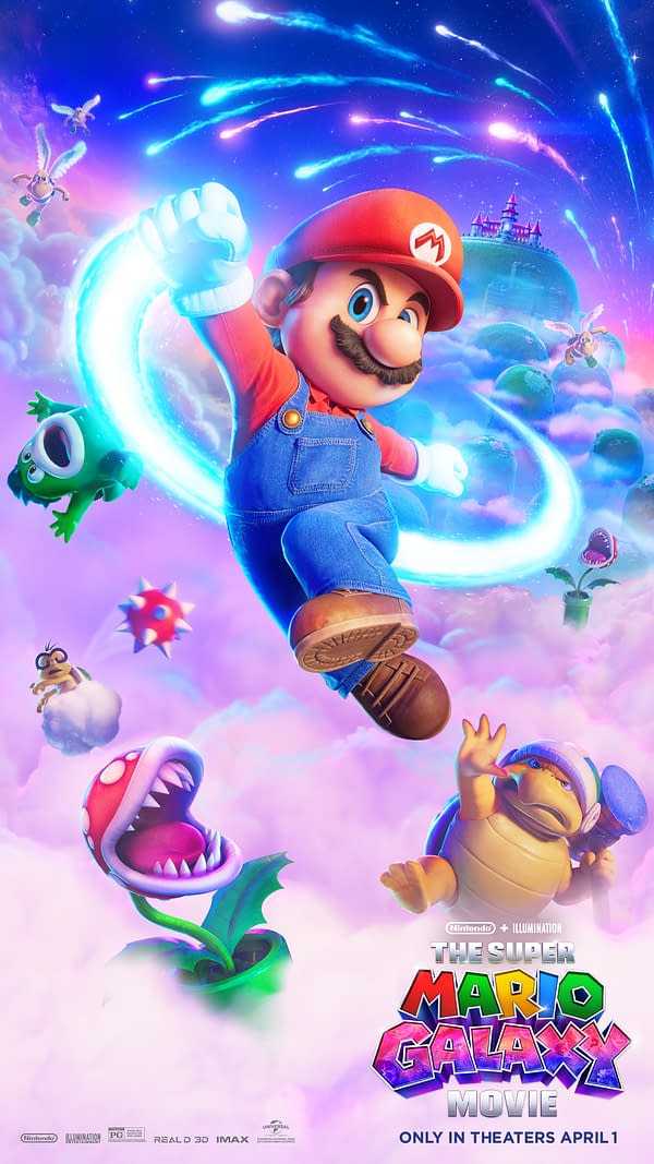A colorful illustration for 'The Super Mario Galaxy Movie' featuring Mario in his signature red hat and blue overalls, striking a heroic pose against a vibrant celestial background filled with star trails and whimsical clouds. Various characters and iconic elements from the Mario franchise are also depicted, including Piranha Plants and Koopa Troopas.