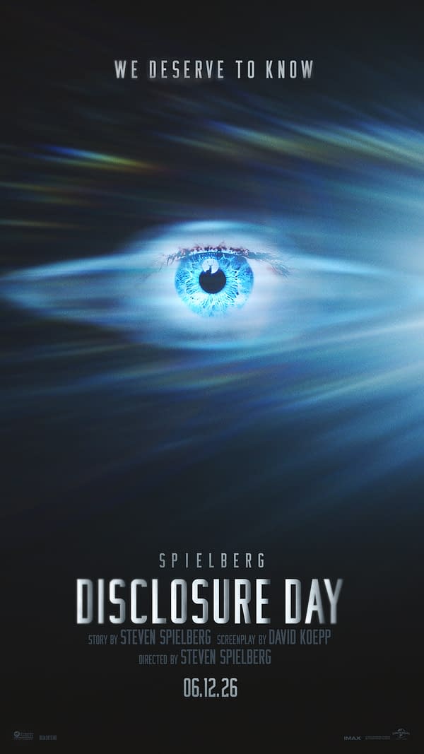 A cinematic poster featuring a close-up of a striking blue eye against a dark background with dynamic light streaks. The text includes 'Spielberg Disclosure Day' along with details about the story and direction by Steven Spielberg, and a release date of June 12, 2026.