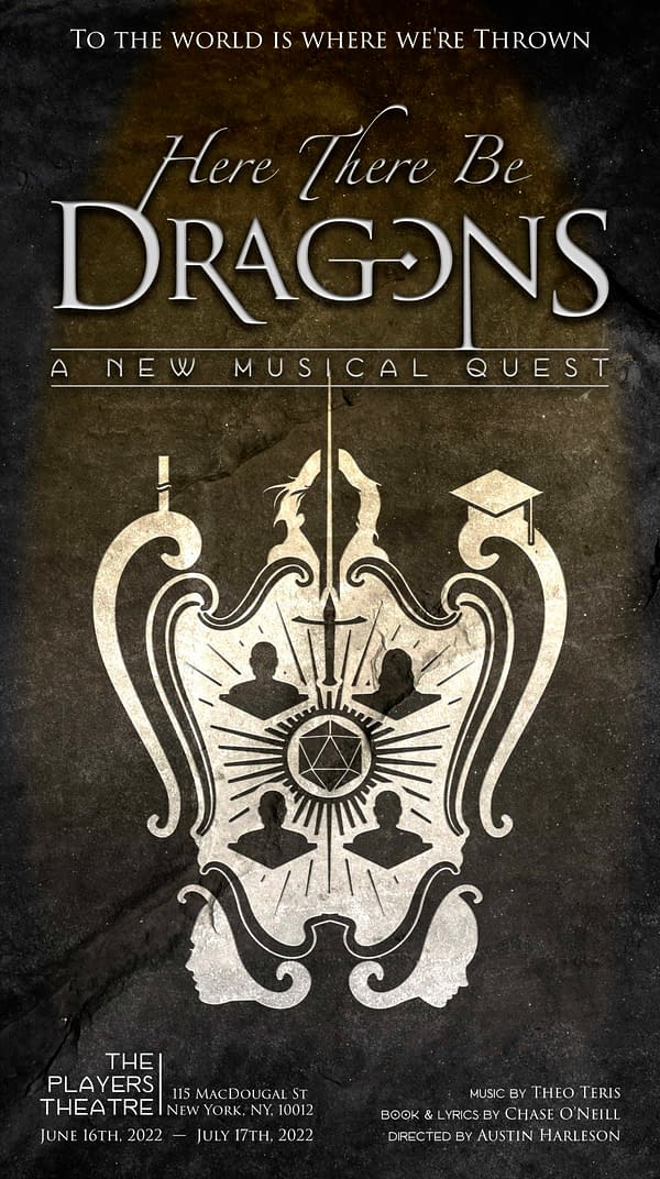 A promotional poster for Here There Be Dragons, a new musical premiering off-Broadway this June. Image attributed to the production, playing at The Players Theatre.