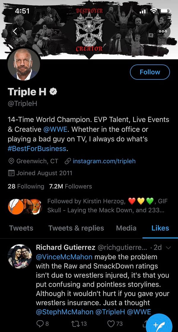 Did Triple H Like a Tweet Criticizing WWE's "Pointless Storylines" and Lack of Insurance?
