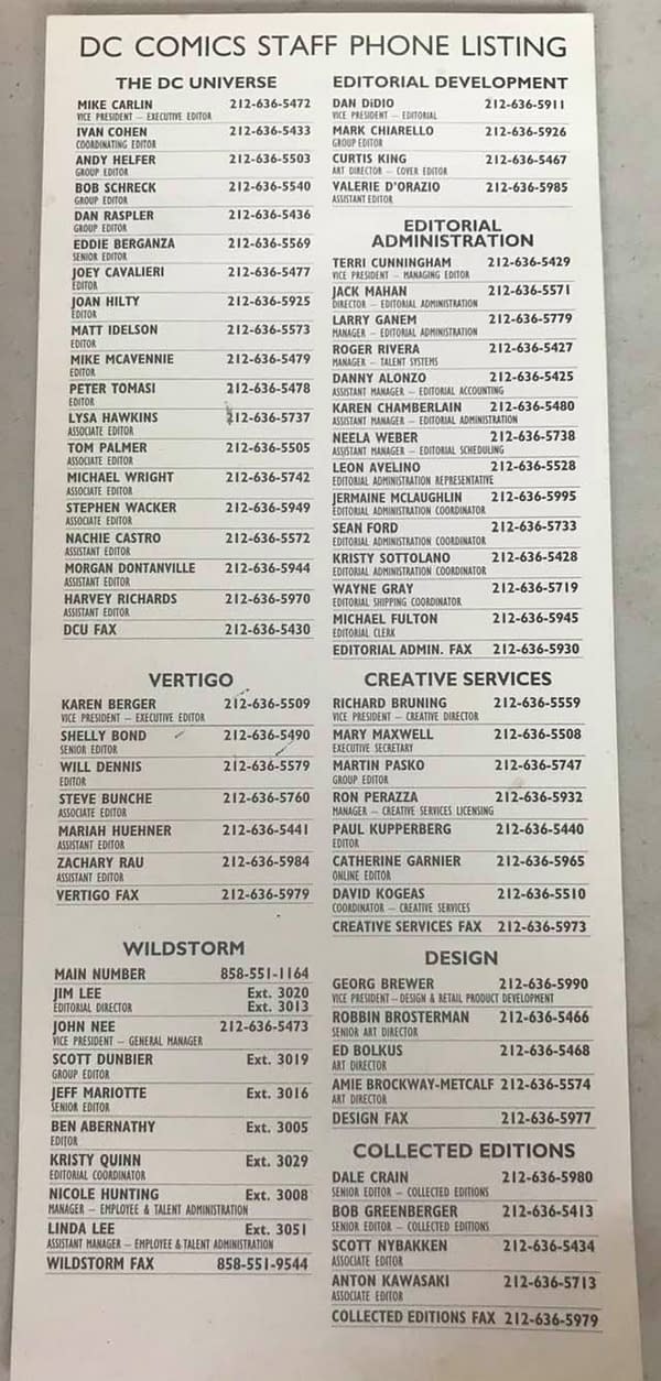 The DC Comics Editorial Phone List Of 2002