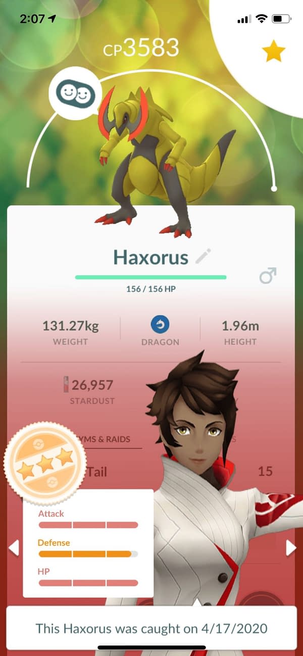 Breaking down the stats of this 98% IV Haxorus. Credit: Niantic