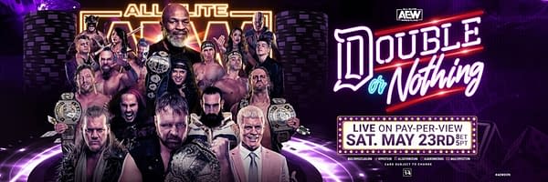 The Twitter banner for AEW Double or Nothing shows Hangman Page and the Young Bucks.