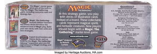 The back face of the sealed booster box of Odyssey, an older expansion set for Magic: The Gathering. Currently available at auction on Heritage Auctions' website.