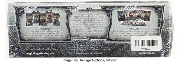 The back face of the sealed booster box of Rise of the Eldrazi, an older, iconic expansion set for Magic: The Gathering. Currently available at auction on Heritage Auctions' website.
