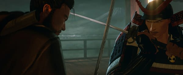 A scene from 'PREDATOR: KILLER OF KILLERS', featuring two characters in an intense confrontation. One is dressed in traditional samurai armor, wielding a katana, while the other appears tense and prepared for battle.