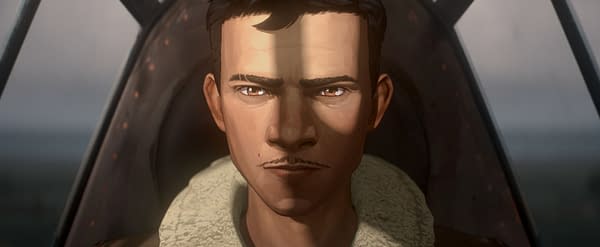 A digitally illustrated scene from 'PREDATOR: KILLER OF KILLERS', featuring a close-up of a young man with a serious expression, seated in a cockpit. This visual is part of the promotional material for the Hulu exclusive series from 20th Century Studios.