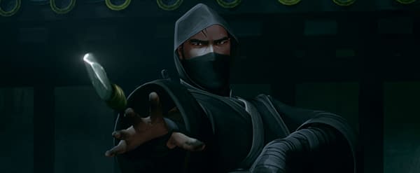 A scene still from the animated film 'PREDATOR: KILLER OF KILLERS', featuring a ninja character in a dark environment, poised with a weapon. The image emphasizes the film's intense and suspenseful atmosphere.