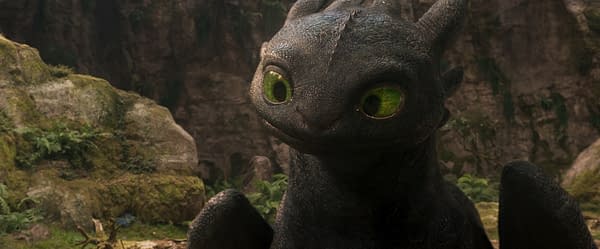 A close-up illustration of a black dragon with distinctive green eyes and textured scales, set against a natural, rocky backdrop with greenery, inspired by the 'How To Train Your Dragon' series.