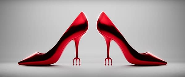 A pair of glossy red high-heeled shoes with unique fork-like heels, highlighted against a neutral backdrop. The design evokes a sense of fashion-forward sophistication and edginess.