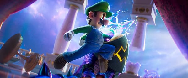 Luigi, dressed in his iconic green hat and overalls, is shown mid-action, battling a creature that has vibrant purple hair and a colorful patterned body. The backdrop features a cosmic environment with pillars and sparkling effects, evoking the magical essence of the Super Mario Galaxy.