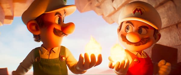 Mario and Luigi are animated characters from the Super Mario franchise, each holding a glowing fireball in their hands, set against a bright background.