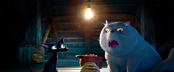 Nero and Rocco from Disney and Pixar's Gatto sit in a dim wooden attic lit by a single hanging bulb, with one cat looking startled and the other angrily baring its teeth.