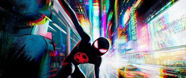 Dynamic illustration of a character in a black suit with a red spider emblem, swinging through a vibrant, neon-lit cityscape reminiscent of New York. The scene features motion blur effects, colorful lights, and a taxi in the foreground.