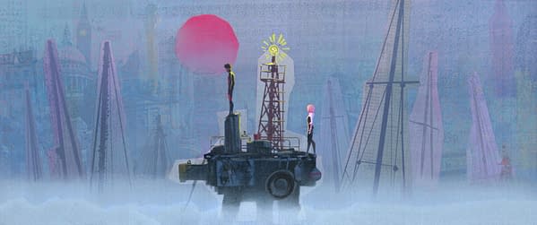 A vibrant illustration featuring two figures standing on a platform above a misty landscape, with a stylized sun and a large red circle in the background. The scene combines elements of urban architecture and sailing boats, conveying a sense of exploration and adventure.