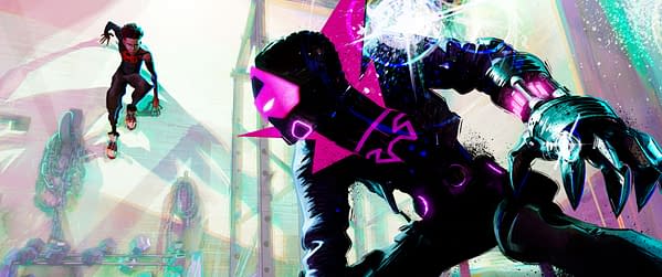 A vibrant illustration featuring Miles Morales as Spider-Man, depicted in an action pose against a colorful urban backdrop. He faces a menacing character with glowing features, emphasizing dynamic movement and a stylized comic book aesthetic.