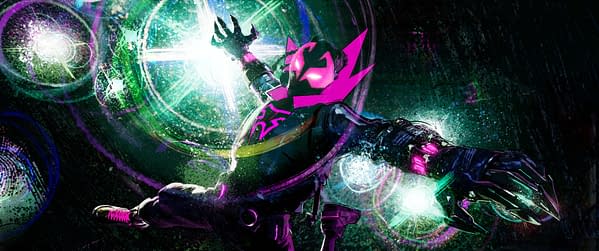A colorful illustration featuring a character called Prowler, showcasing a dynamic pose with an outstretched arm and glowing elements surrounding him, emphasizing a high-tech aesthetic and vibrant colors.