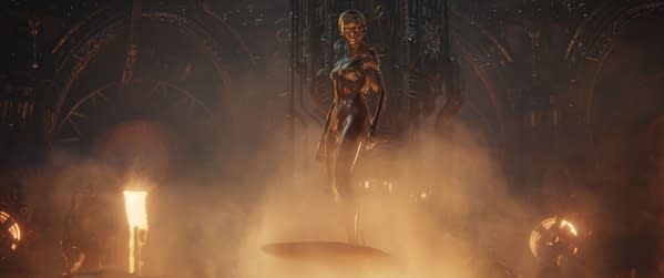 A digital artwork depicting Julia Garner as Shalla-Bal, also known as the Silver Surfer, set in a dramatic environment with swirling mist and mechanical backgrounds. The image is part of 20th Century Studios' 'The Fantastic Four: First Steps'.