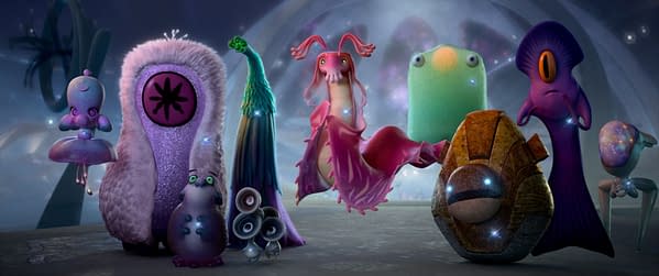 An illustration featuring various colorful alien characters from Disney and Pixar's "Elio." The characters include Ambassador Mira, Helix, Questa, Tegman, and Turais, each uniquely designed with imaginative forms and vibrant colors.
