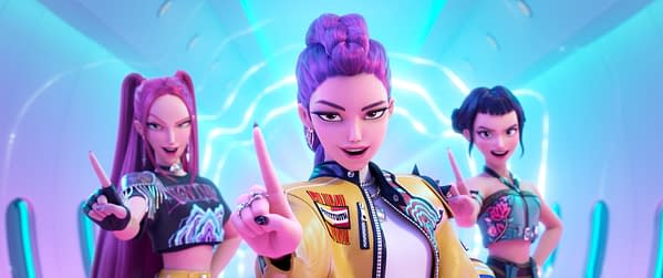 A vibrant cartoon illustration featuring three animated female characters from 'KPop Demon Hunters,' posed confidently with stylish outfits and expressive gestures, set against a futuristic, glowing background.
