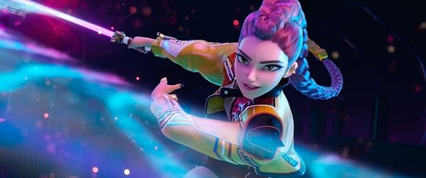 A dynamic illustration of a young female character with colorful hair styled in braids, wearing a stylish jacket. She wields a glowing sword and appears to be in action, set against a vibrant and mystical background, embodying the theme of KPop Demon Hunters.