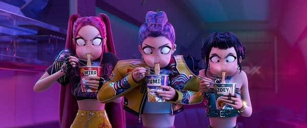 An animated scene from 'KPOP DEMON HUNTERS' featuring three characters, Rumi, Mira, and Zoey, sitting together and eating noodles from colorful takeout containers. The vibrant background suggests a lively atmosphere.