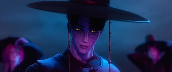 An animated character with purple skin and striking yellow eyes, wearing a wide-brimmed hat and traditional attire, stands prominently against a moody background. This character is part of the 'KPop Demon Hunters' narrative, designed to depict the balance between K-pop stardom and supernatural battles.